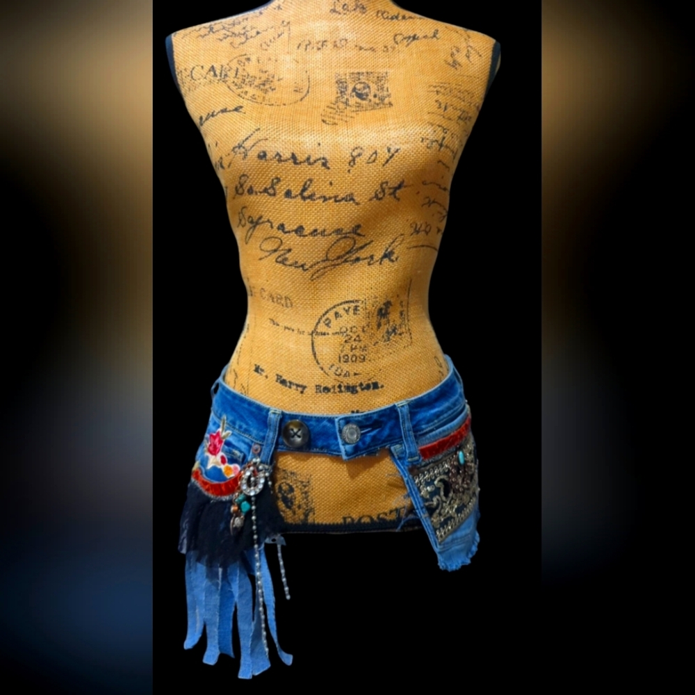Bohemian Denim Belt with floral patches